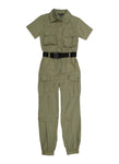 Girls Collared Short Sleeves Sleeves Nylon Pocketed Belted Jumpsuit