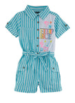 Girls Collared Tie Waist Waistline Belted Button Front Striped Print Short Sleeves Sleeves Romper