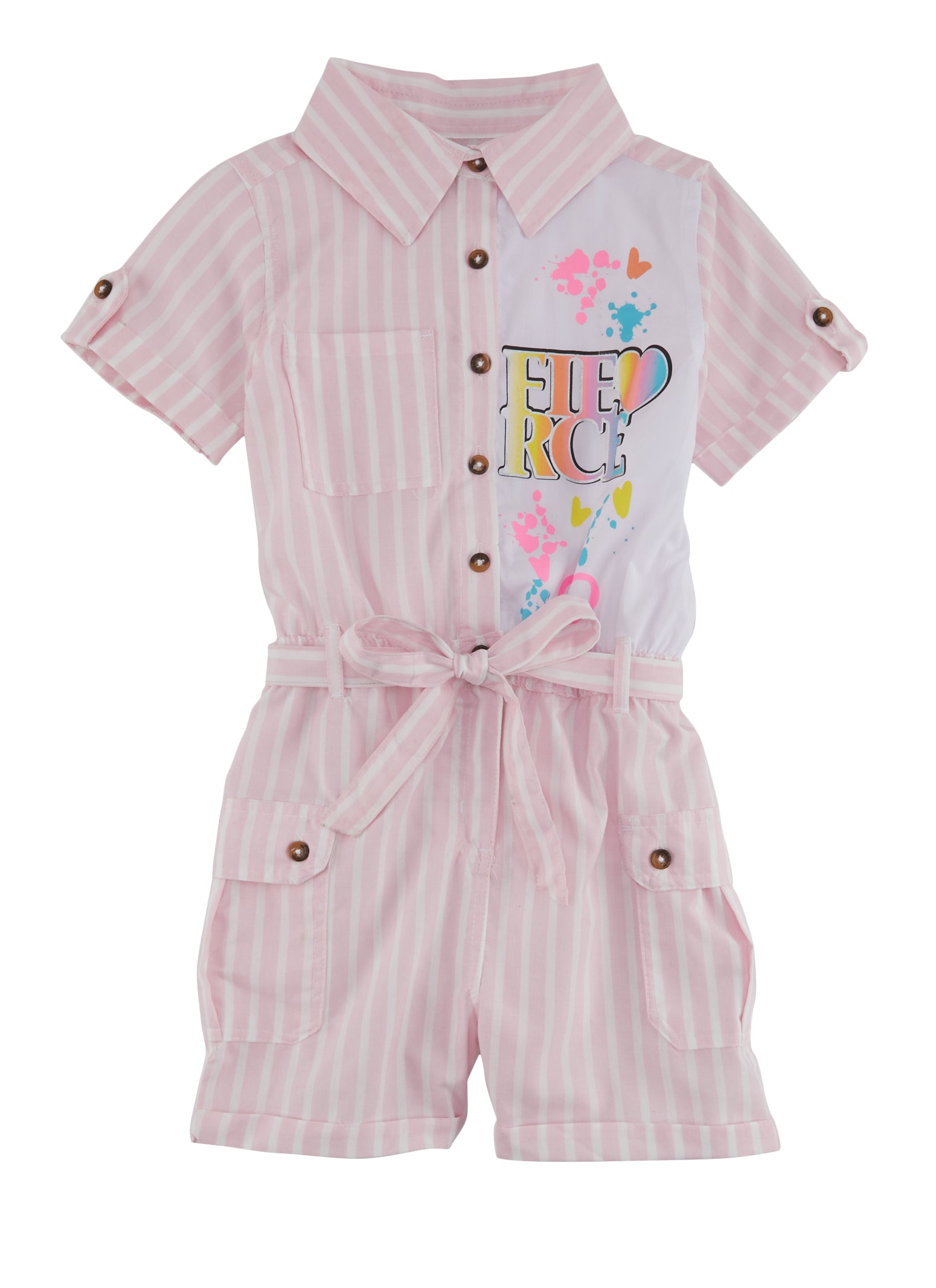 Girls Striped Fierce Button Front Romper, Pink,