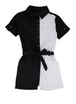 Girls Collared Twill Tie Waist Waistline Belted Short Sleeves Sleeves Romper