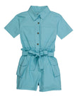 Girls Belted Short Sleeves Sleeves Collared Poplin Tie Waist Waistline Romper