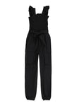 Girls Belted Smocked Square Neck Flutter Sleeves Sleeveless Tie Waist Waistline Jumpsuit