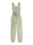 Girls Flutter Sleeves Sleeveless Smocked Square Neck Belted Tie Waist Waistline Jumpsuit