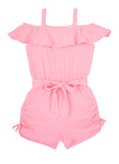 Girls Tie Waist Waistline Belted Ruched Knit Cold Shoulder Sleeves Sleeveless Romper