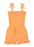 Girls Smocked Square Neck Knit Sleeveless Romper With Ruffles