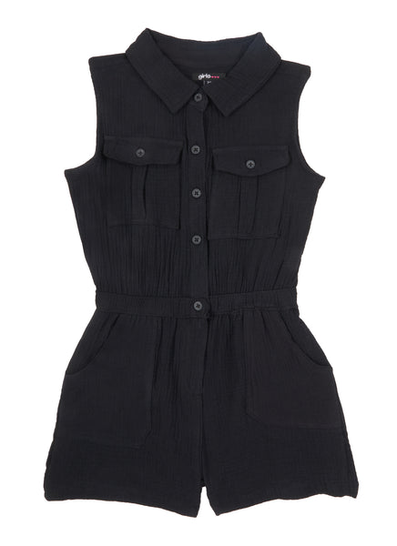 Girls Collared Knit Button Front Sleeveless Romper