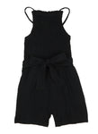 Girls Belted Tie Waist Waistline Sleeveless Knit High-Neck Smocked Romper