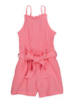 Girls Knit High-Neck Smocked Belted Sleeveless Tie Waist Waistline Romper