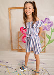 Girls Tie Waist Waistline Striped Print Cold Shoulder Short Sleeves Sleeves Ruched Belted Romper