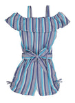 Girls Striped Print Belted Ruched Tie Waist Waistline Cold Shoulder Short Sleeves Sleeves Romper