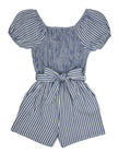 Girls Puff Sleeves Short Sleeves Sleeves Smocked Square Neck Belted Tie Waist Waistline Knit Striped Print Romper