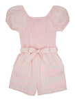 Girls Striped Puff Sleeve Tie Waist Belted Romper, ,