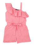 Girls Belted Knit One Shoulder Sleeveless Tie Waist Waistline Romper With Ruffles