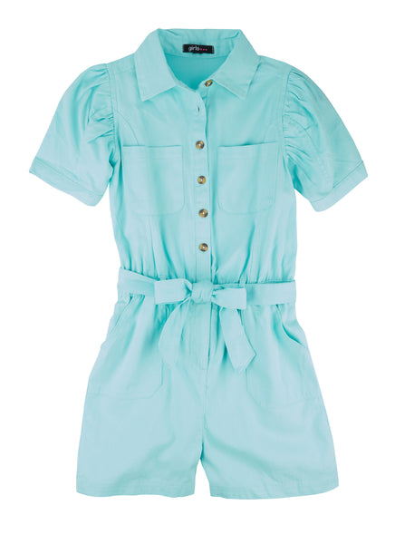 Girls Collared Puff Sleeves Short Sleeves Sleeves Belted Tie Waist Waistline Twill Romper