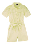 Girls Puff Sleeves Short Sleeves Sleeves Collared Belted Tie Waist Waistline Twill Romper