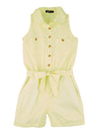 Girls Sleeveless Tie Waist Waistline Belted Button Front Collared Romper