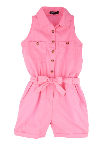 Girls Tie Waist Waistline Sleeveless Button Front Belted Collared Romper