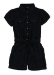 Girls Collared Puff Sleeves Short Sleeves Sleeves Tie Waist Waistline Button Front Belted Romper