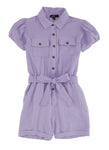 Girls Collared Belted Button Front Tie Waist Waistline Puff Sleeves Short Sleeves Sleeves Romper