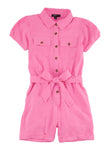 Girls Tie Waist Waistline Collared Belted Button Front Puff Sleeves Short Sleeves Sleeves Romper