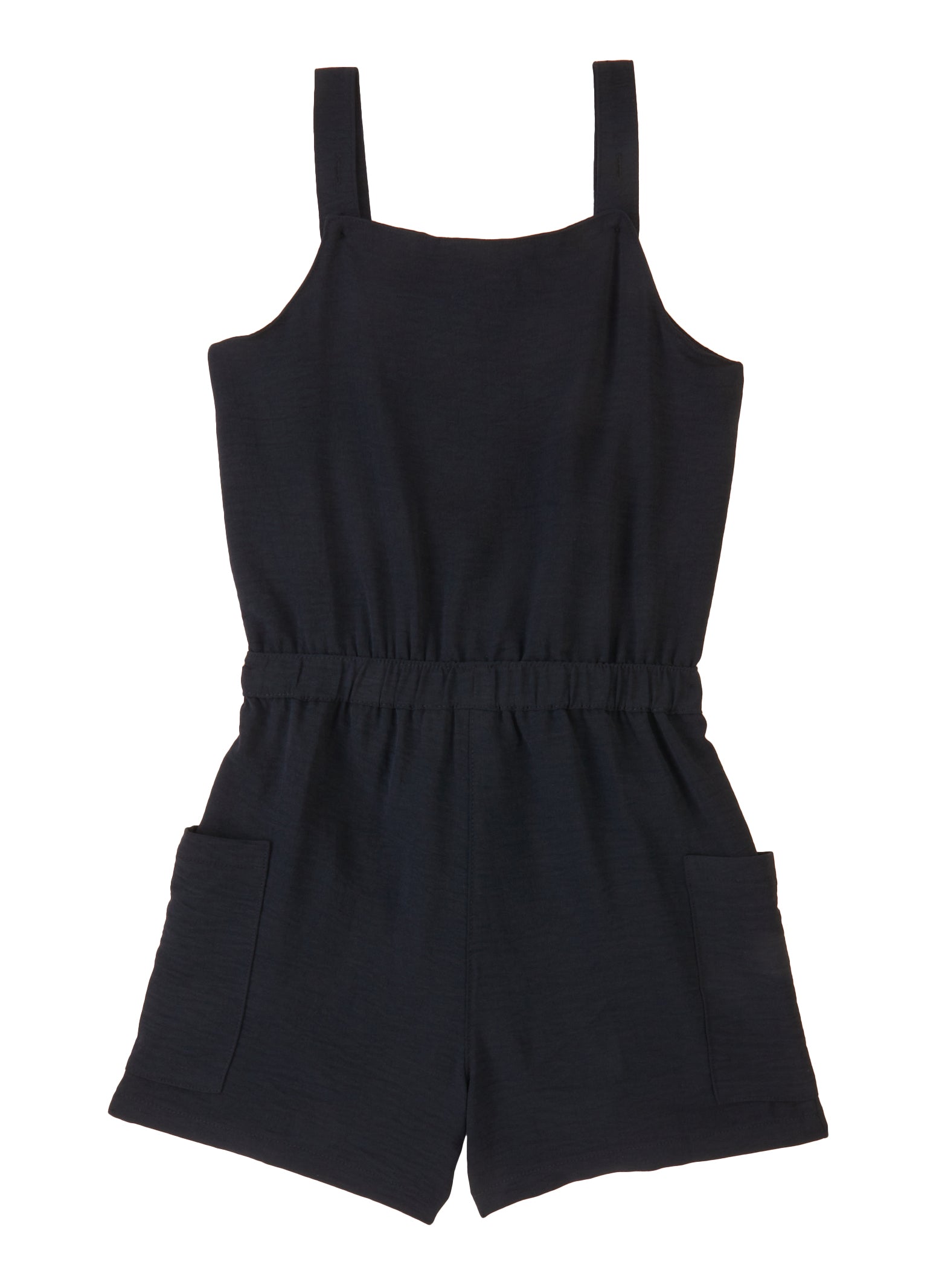 Girls Elastic Waist Sleeveless Romper, Black, Size 10-12