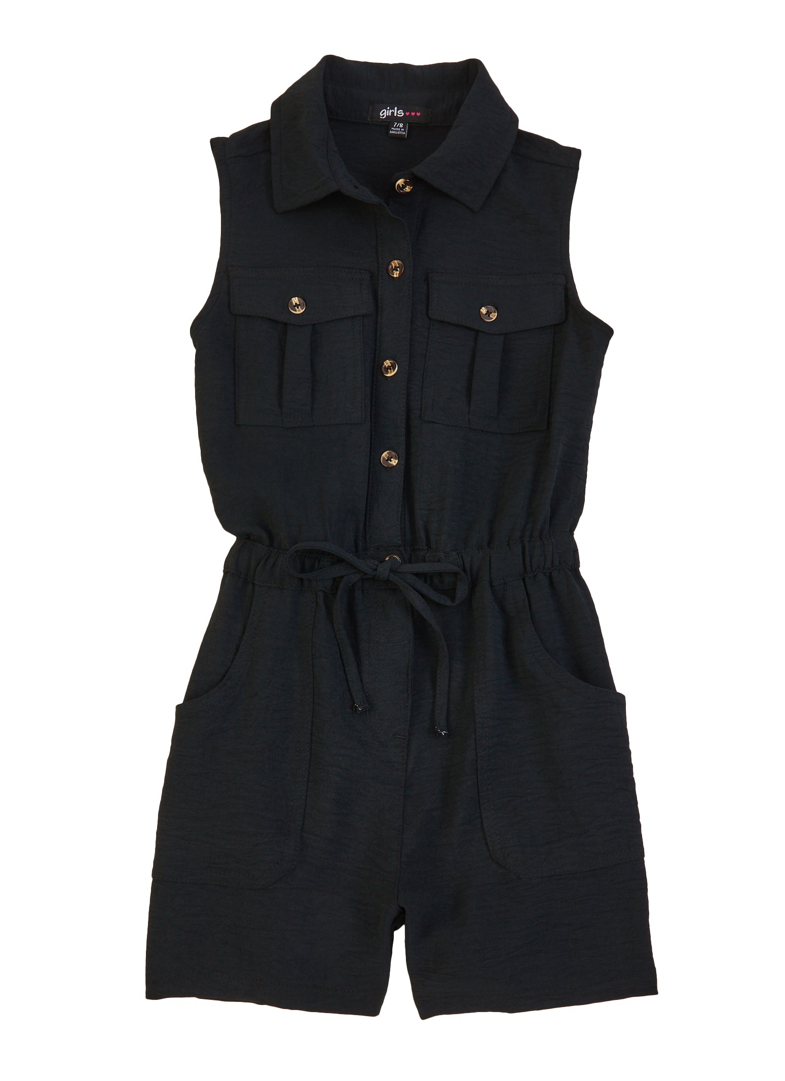 Girls Crepe Knit Button Front Sleeveless Romper,