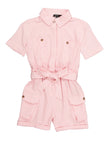 Girls Belted Collared Short Sleeves Sleeves Tie Waist Waistline Romper