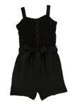 Girls Sleeveless Belted Tie Waist Waistline Smocked Square Neck Romper