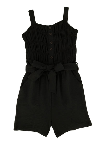 Girls Sleeveless Tie Waist Waistline Belted Smocked Square Neck Romper