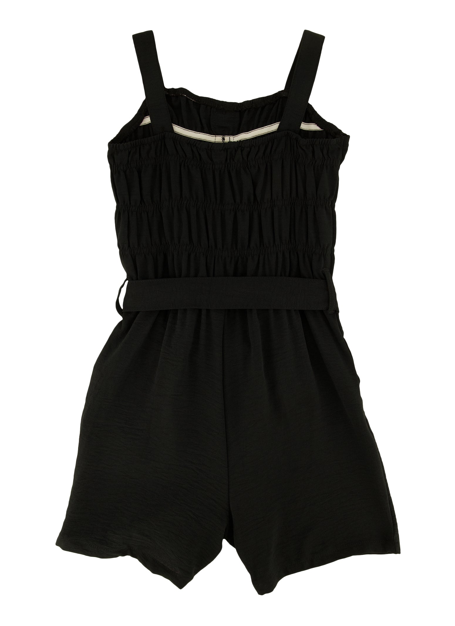 Girls Crepe Knit Square Neck Tie Waist Romper, Black, Size 7-8