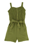 Girls Tie Waist Waistline Smocked Square Neck Belted Sleeveless Romper