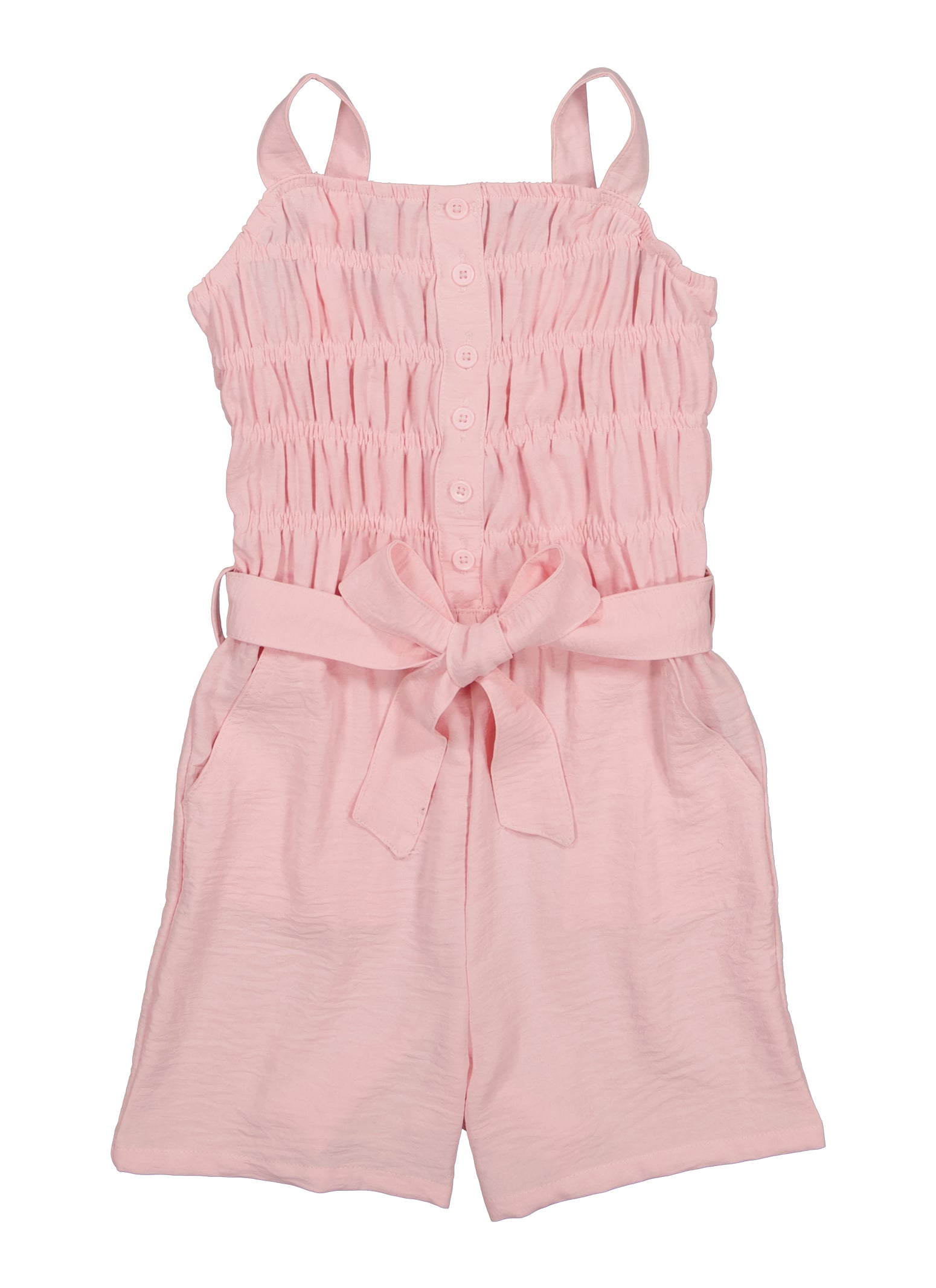 Girls Crepe Knit Square Neck Tie Waist Romper, Pink, Size 7-8