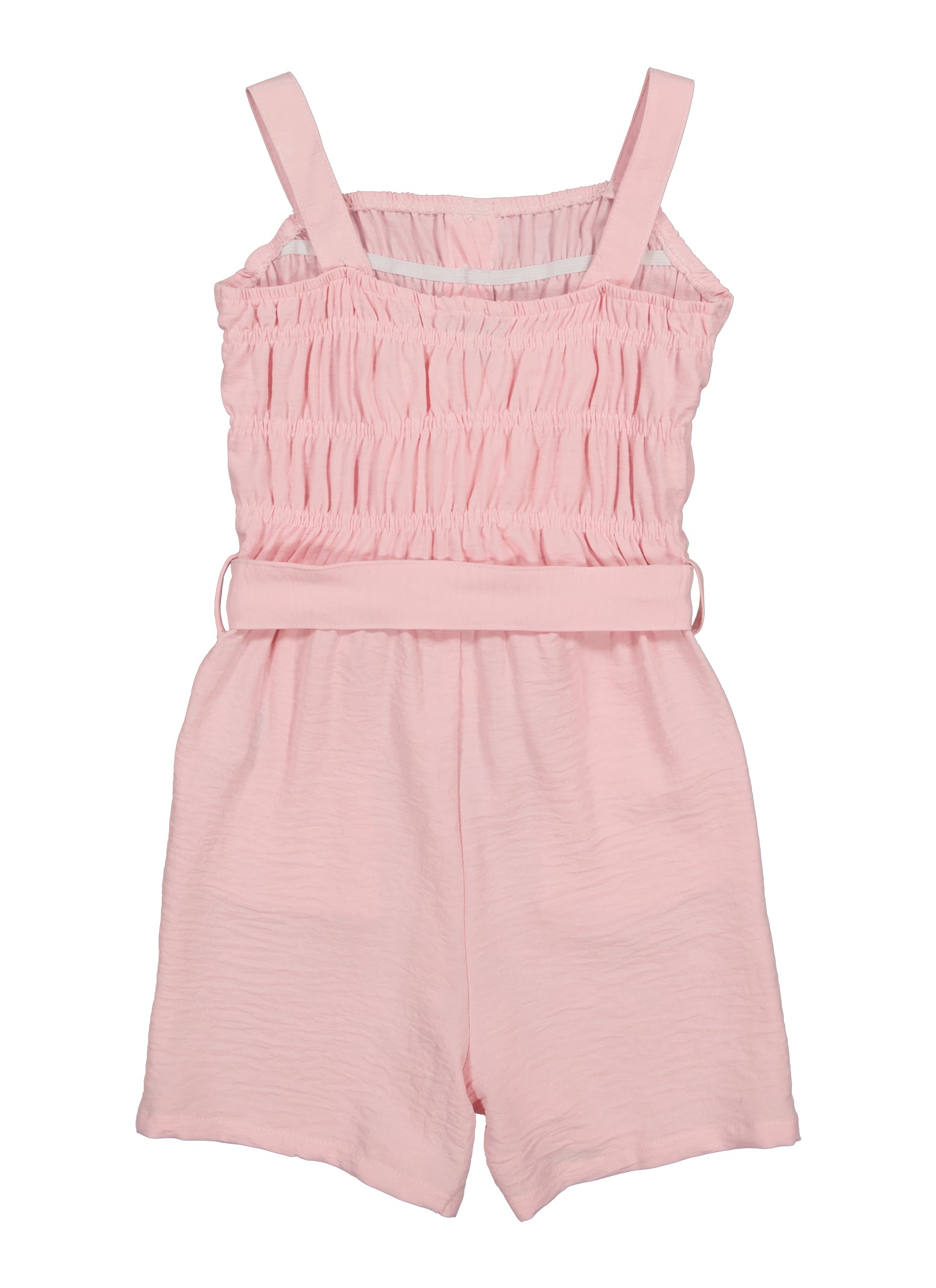 Girls Crepe Knit Square Neck Tie Waist Romper, Pink, Size 7-8