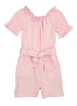 Girls Short Sleeves Sleeves Off the Shoulder Belted Tie Waist Waistline Smocked Romper