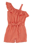 Girls Tie Waist Waistline One Shoulder Sleeveless Asymmetric Belted Romper With Ruffles