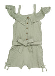 Girls Knit Tie Waist Waistline Cold Shoulder Sleeves Sleeveless Belted Button Front Romper