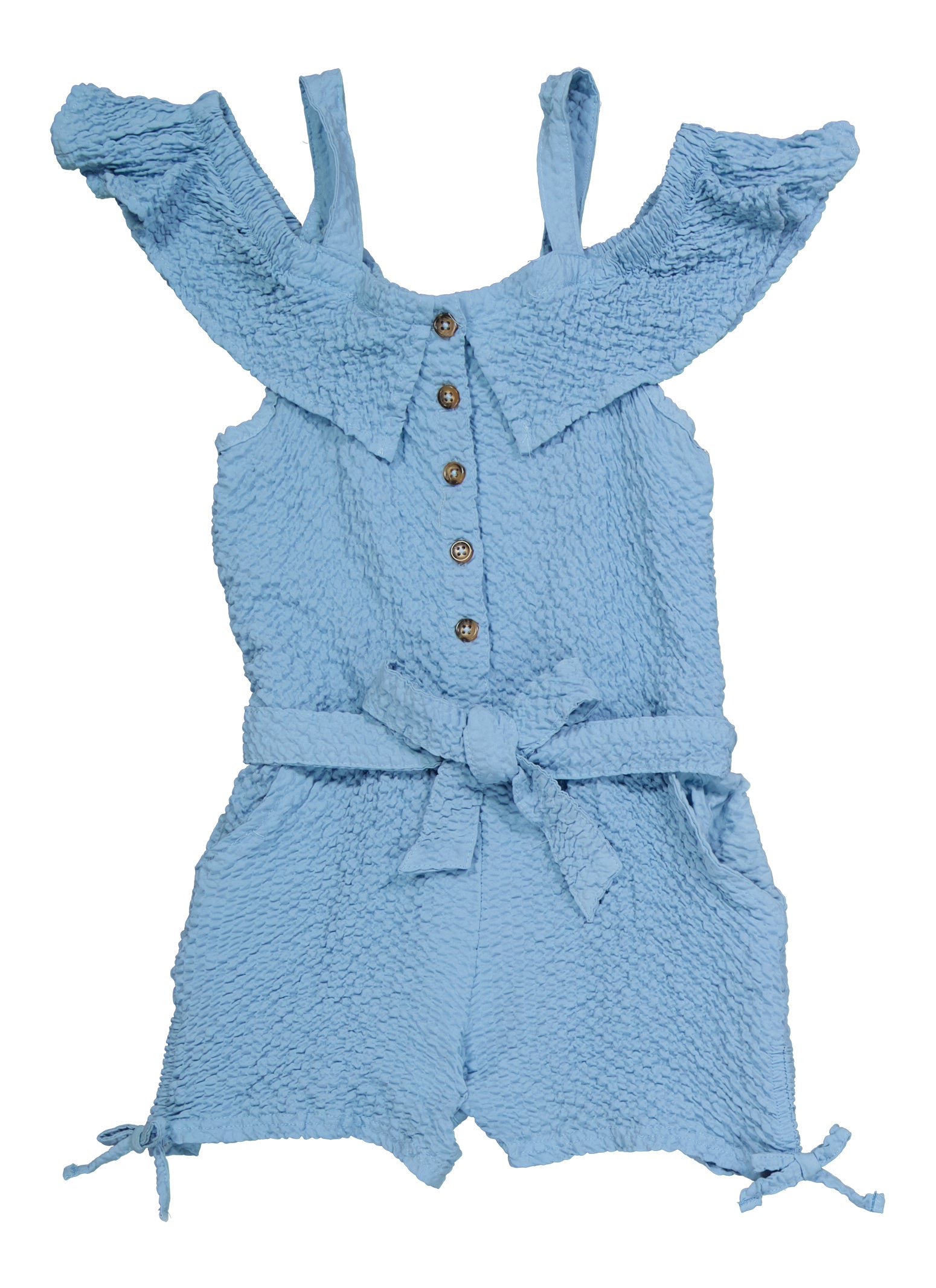 Girls Textured Knit Button Front Cold Shoulder Romper,