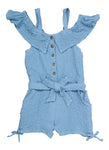 Girls Button Front Belted Knit Tie Waist Waistline Cold Shoulder Sleeves Sleeveless Romper