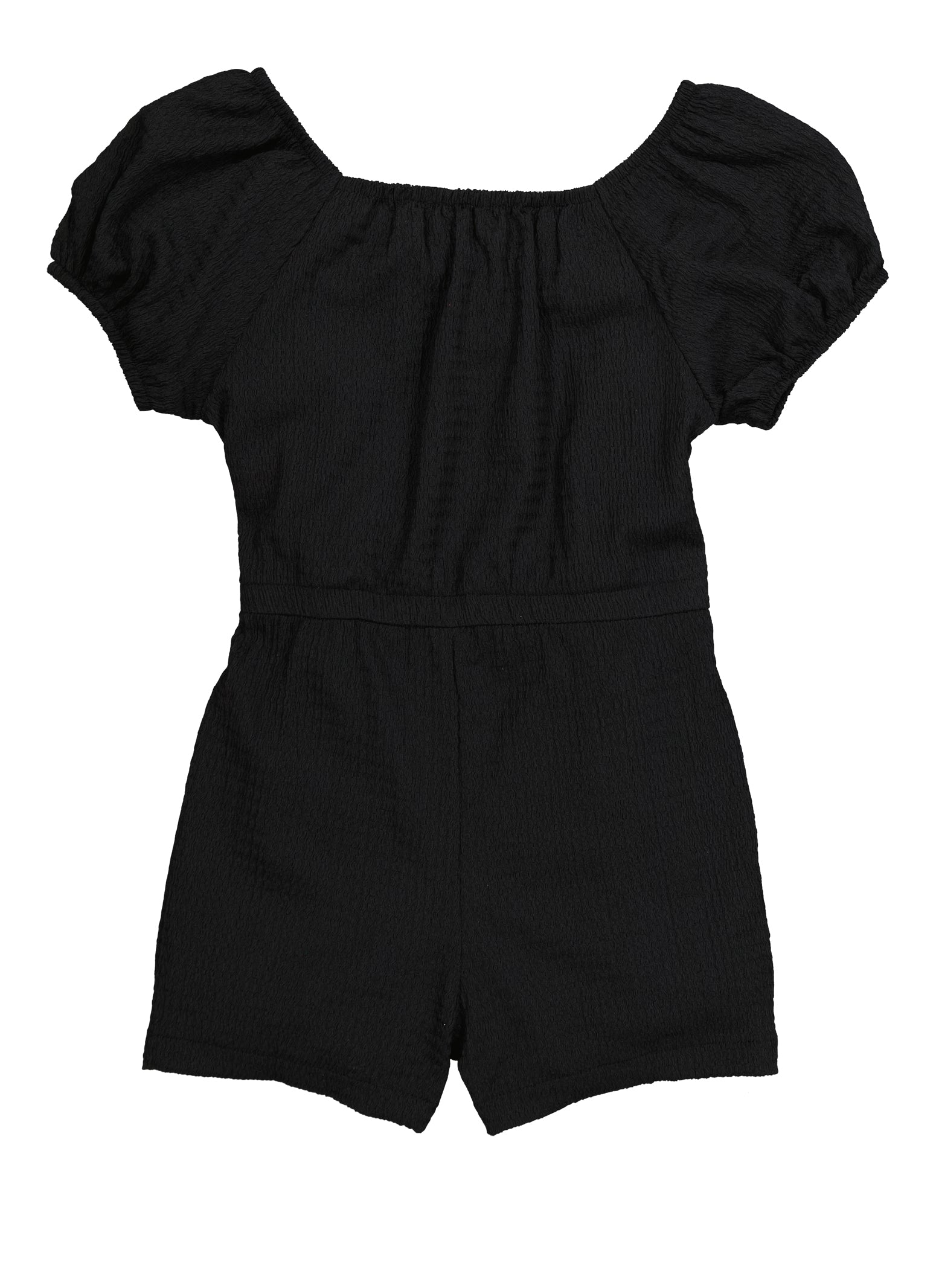 Girls Textured Knit Puff Sleeve Romper, Black, Size 10-12