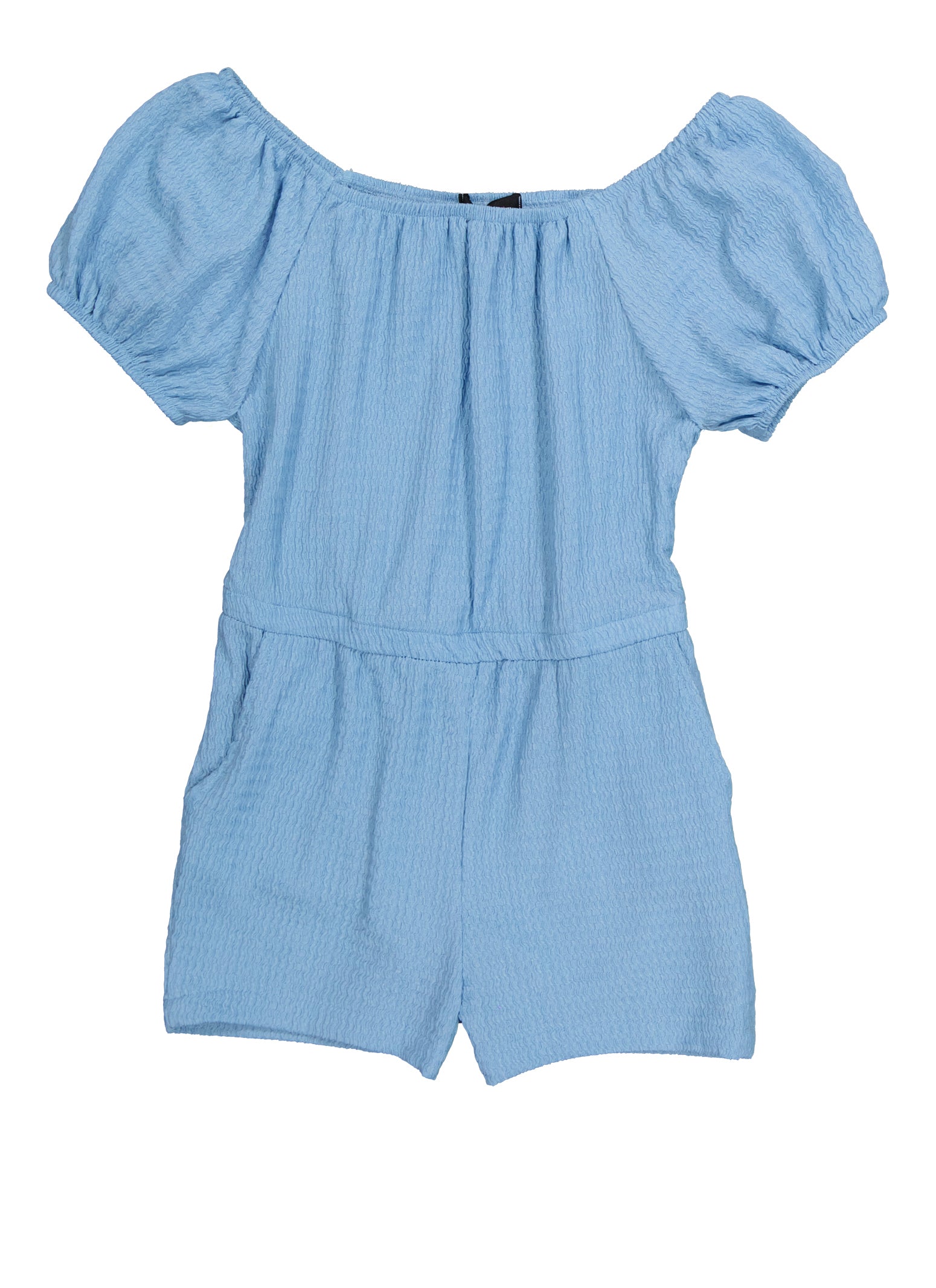 Girls Textured Knit Puff Sleeve Romper, Blue, Size 10-12