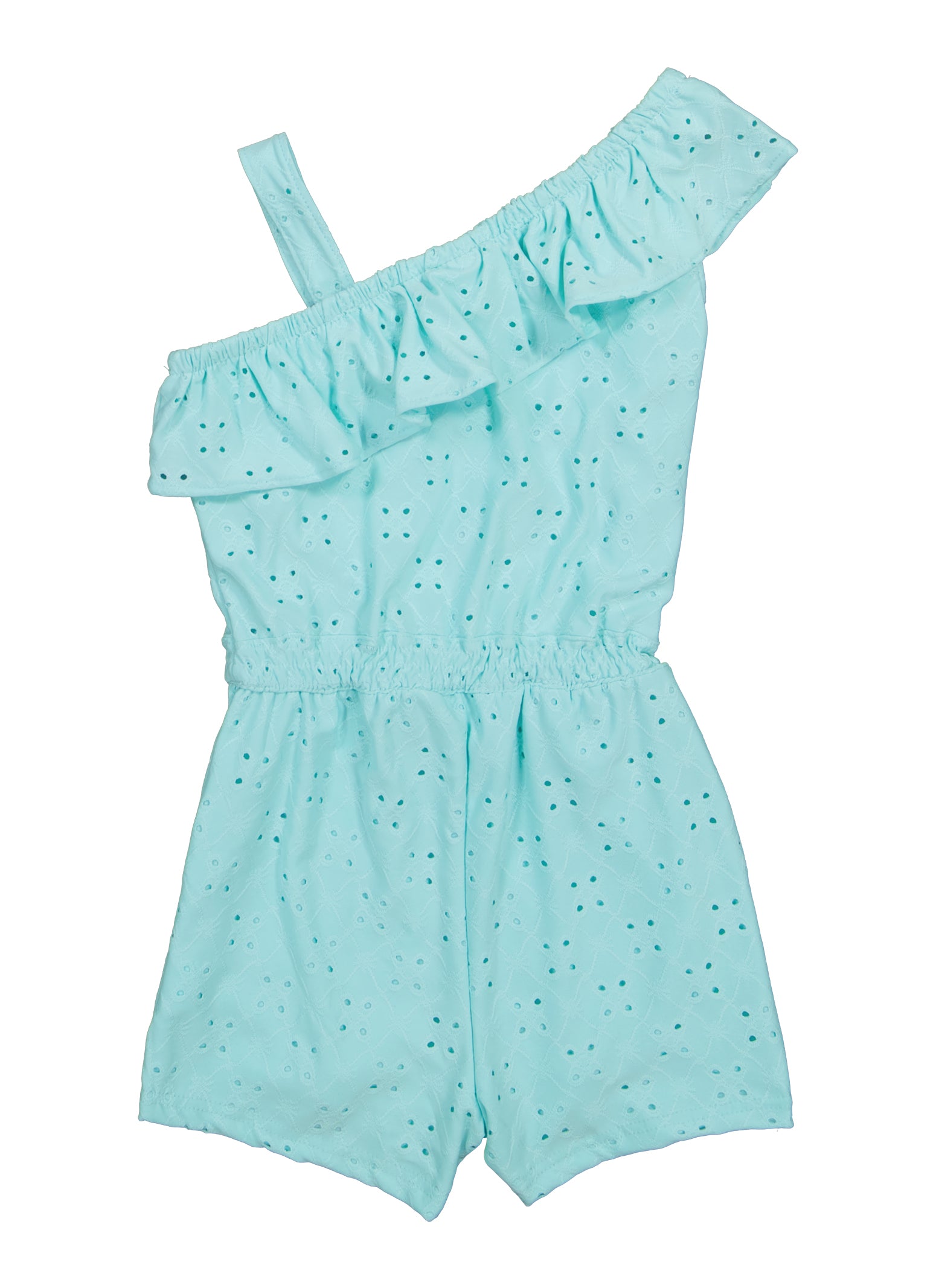 Girls Eyelet One Shoulder Faux Drawstring Romper, Blue, Size 14-16