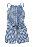 Girls Striped Print Tie Waist Waistline Belted Knit Smocked Square Neck Sleeveless Romper