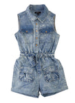 Girls Tie Waist Waistline Belted Sleeveless Denim Collared Romper