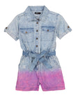 Girls Short Sleeves Sleeves General Print Belted Collared Tie Waist Waistline Denim Romper