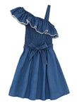 Girls Smocked Sleeveless Belted Denim Skater Dress With Ruffles by Rainbow Shops