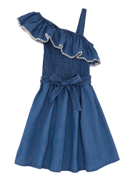 Girls Tie Waist Waistline Smocked One Shoulder Sleeveless Belted Fitted Fit-and-Flare Skater Dress/Midi Dress With Ruffles