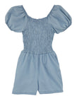 Girls Smocked Square Neck Cutout Denim Puff Sleeves Short Sleeves Sleeves Romper With a Bow(s)