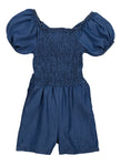 Girls Denim Cutout Smocked Square Neck Puff Sleeves Short Sleeves Sleeves Romper With a Bow(s)