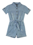 Girls Short Sleeves Sleeves Denim Button Front Belted Collared Tie Waist Waistline Romper