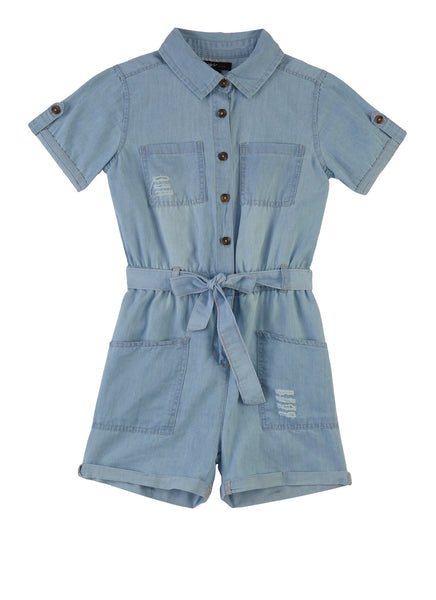 Girls Collared Button Front Belted Tie Waist Waistline Short Sleeves Sleeves Denim Romper